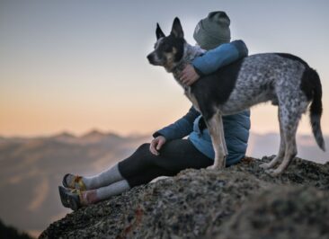 dog and owner on top of mountain