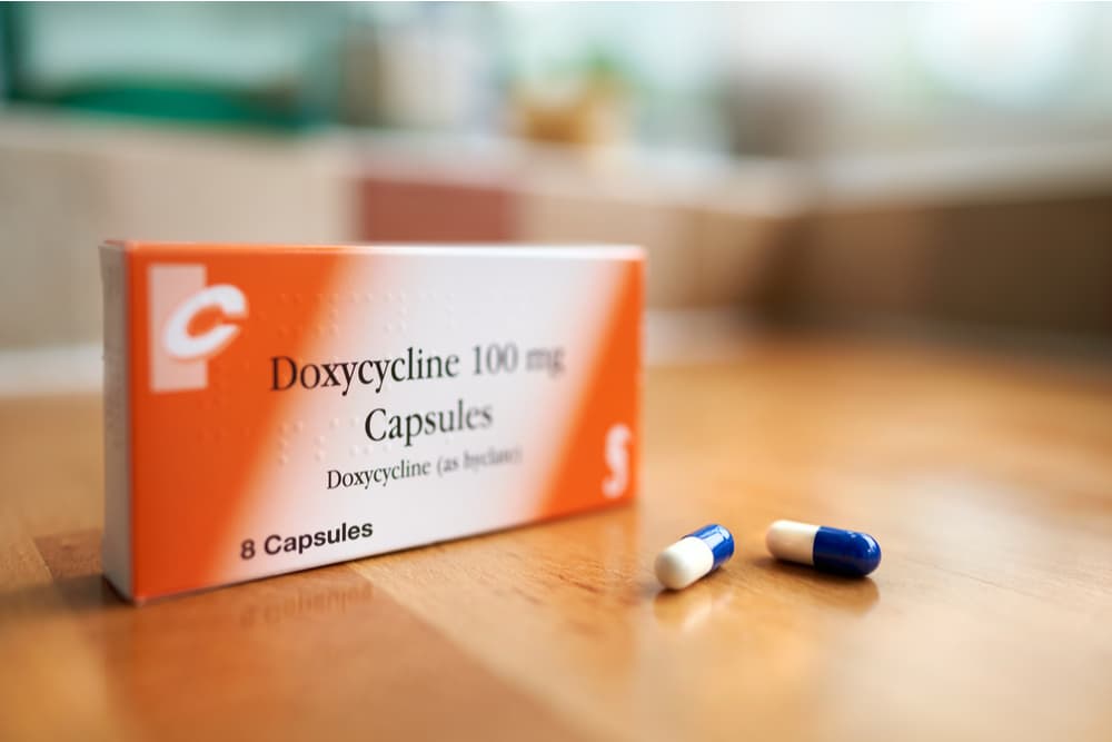 Box of doxycycline antibiotics 100mg capsules